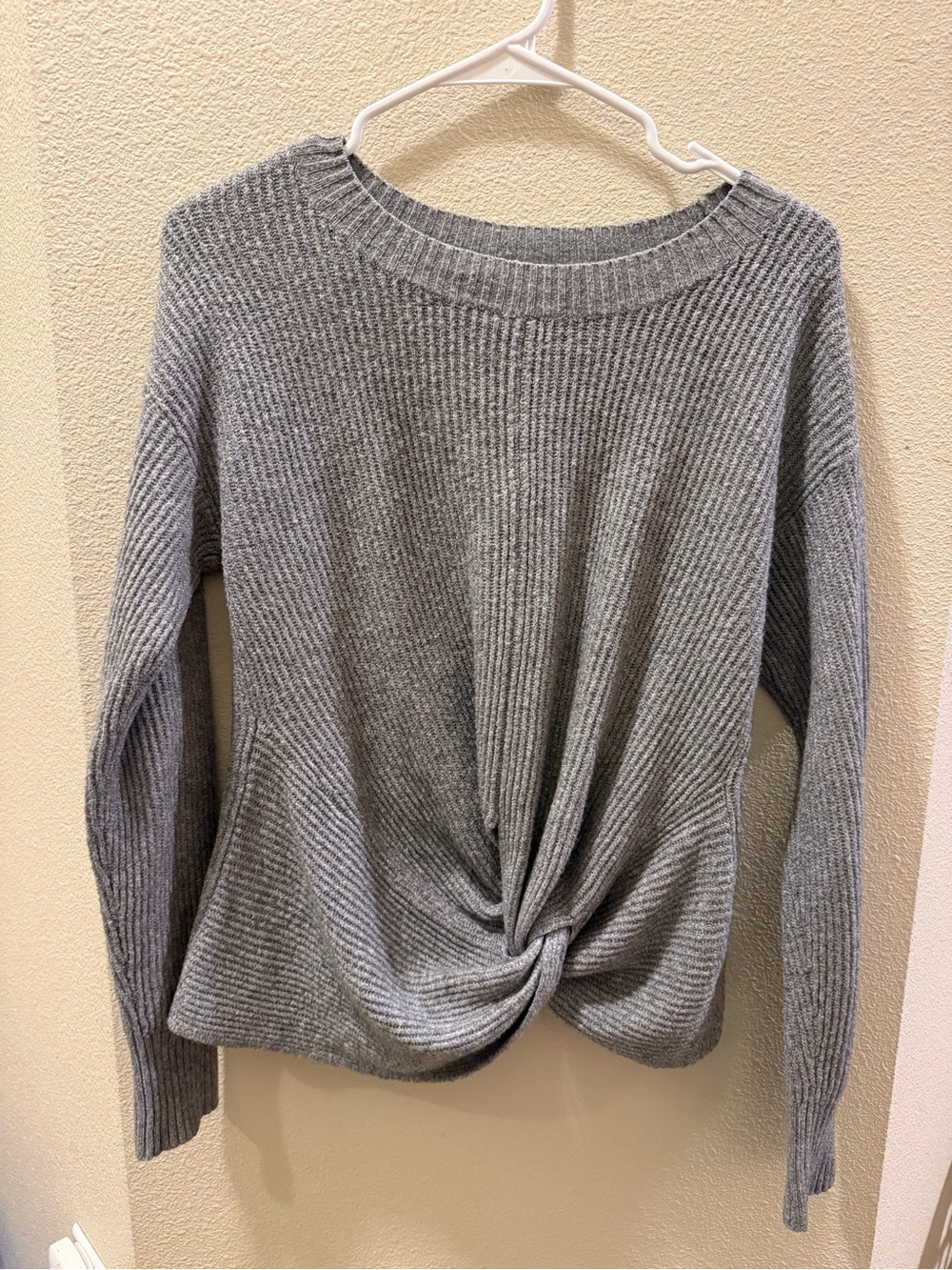 aerie Gray Ribbed Twist-Front Crew Sweater